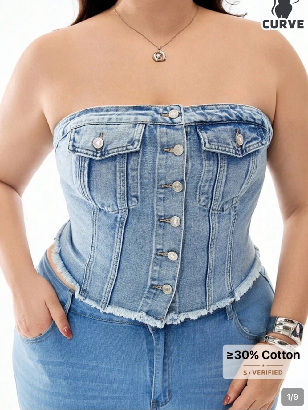 SHEIN Light Blue Denim Strapless Button-Up Bustier Top